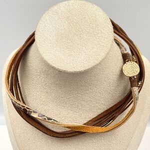 Vintage Boho Leather Wrap Bracelet Multi Strand Animal Magnetic Clasp Gold Tone